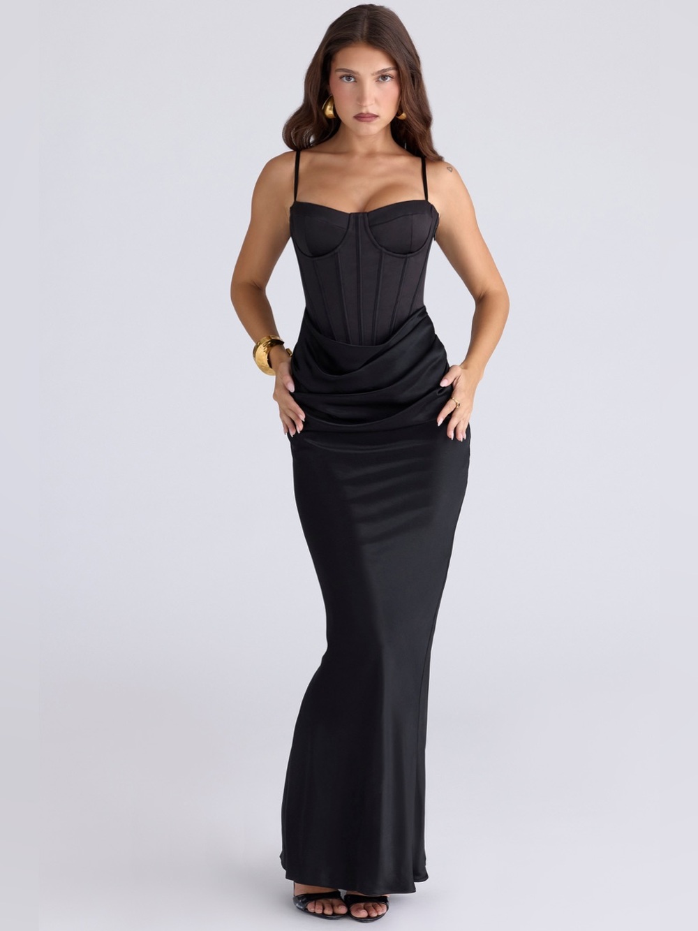 House Of Cb Valentina Black Corset Satin Draped Gown size S NWOT - Picture 4 of 13
